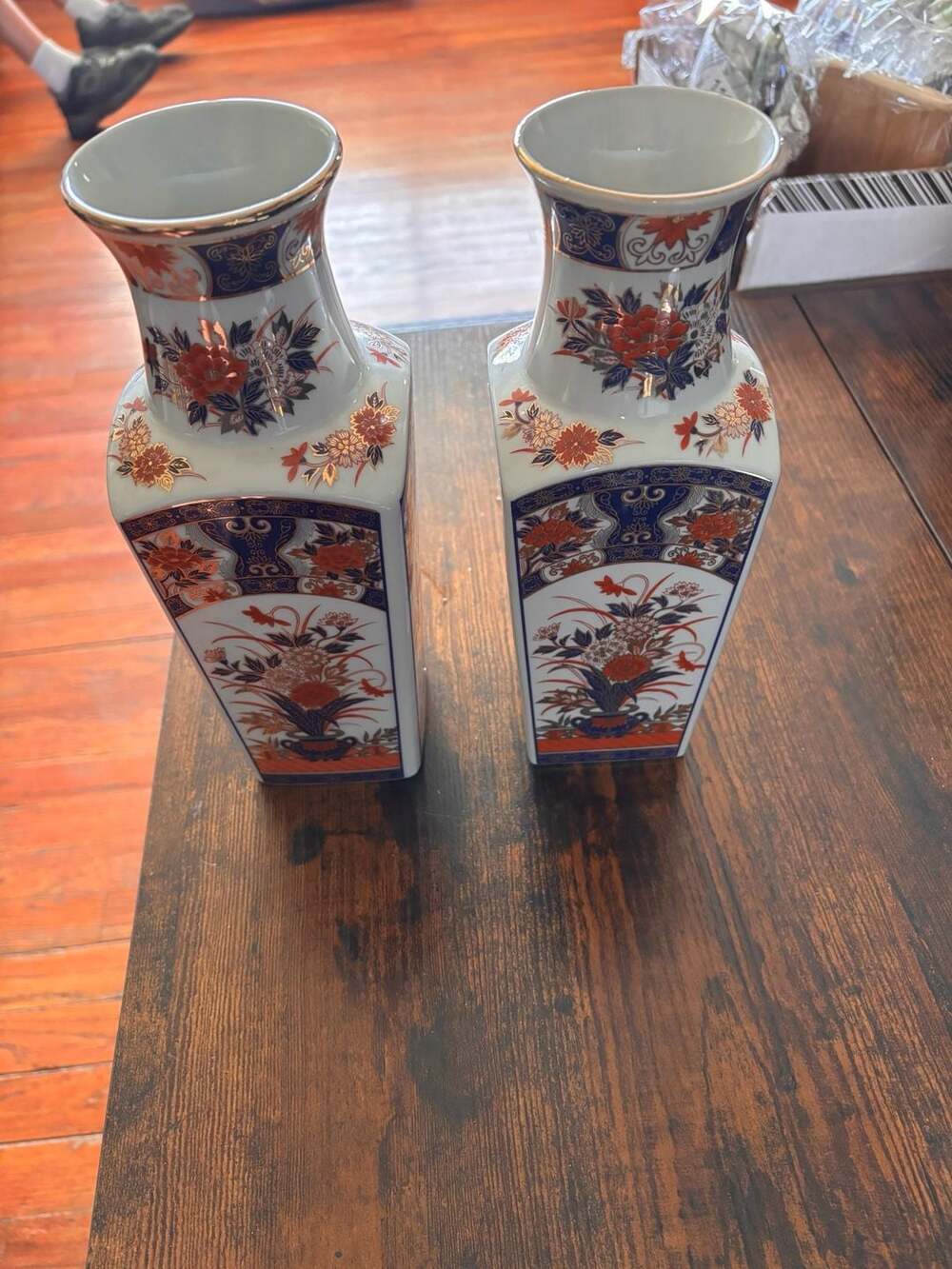 Vintage Japanese Imari Ware Porcelain Square Base Floral Vases, Set of 2